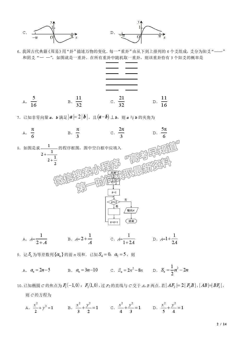 2019全國I卷高考真題理數試卷及參考答案