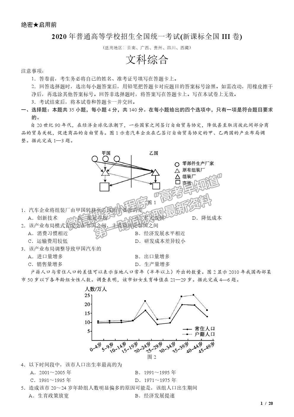 2020全國Ⅲ卷高考真題文綜試卷及參考答案