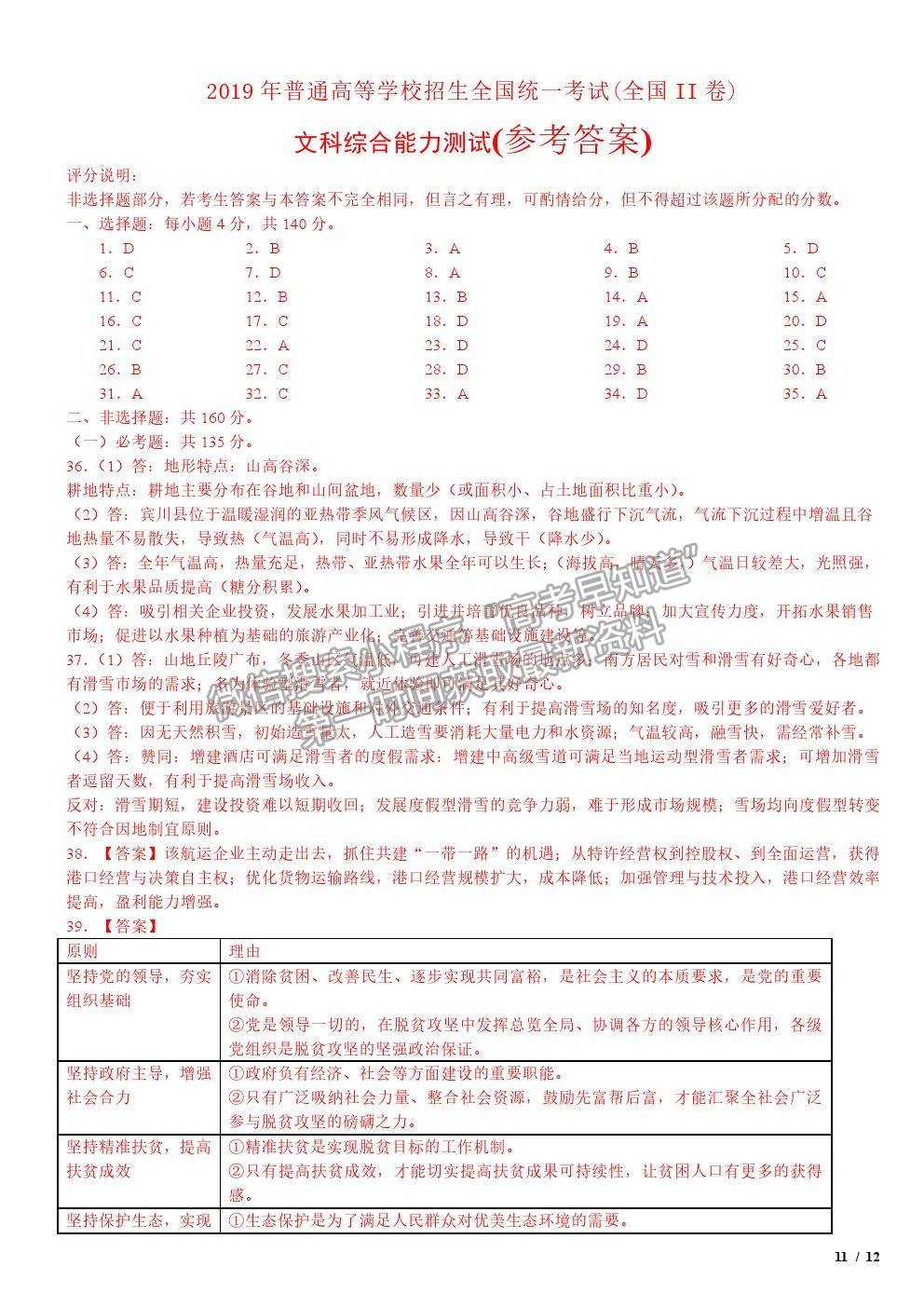 2019全國Ⅱ卷高考真題文綜試卷及參考答案