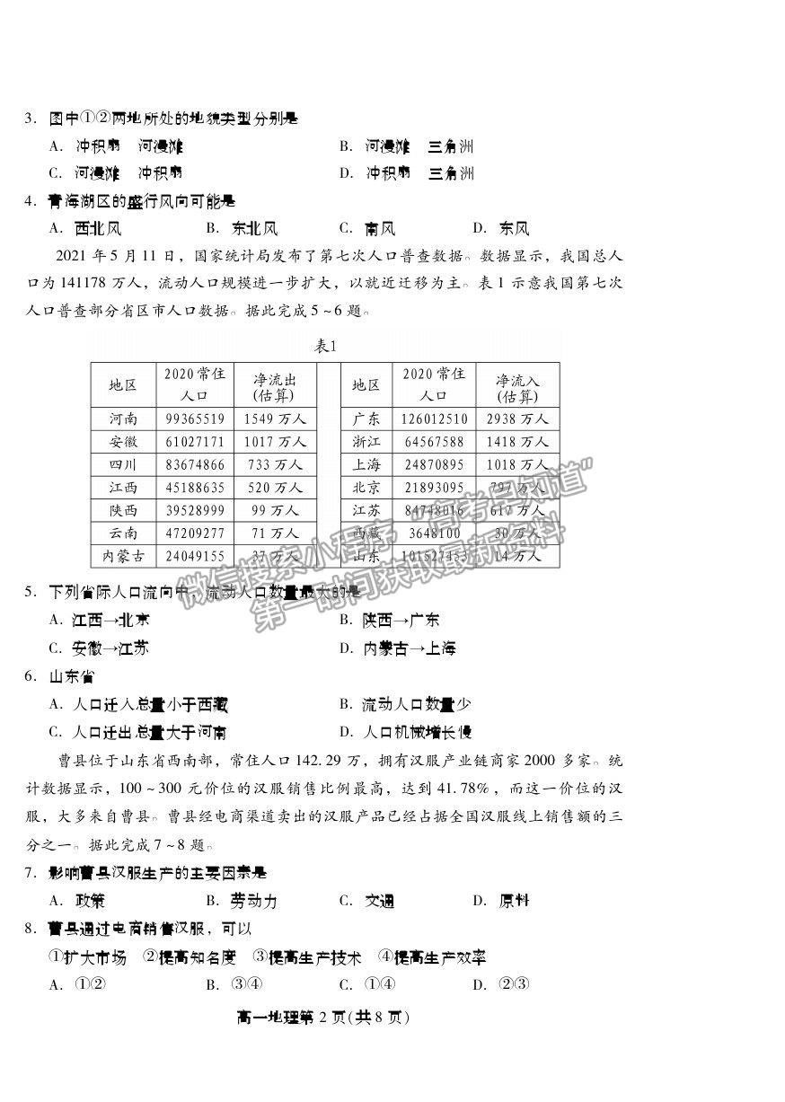 2021濰坊市高一下學期期末考試地理試卷及答案