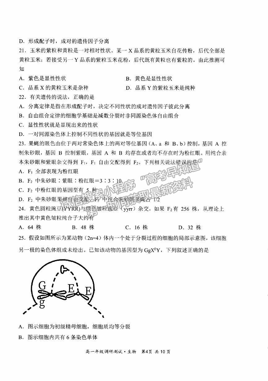 2021山西省朔州市懷仁市高一下學(xué)期期末考試生物試卷及答案