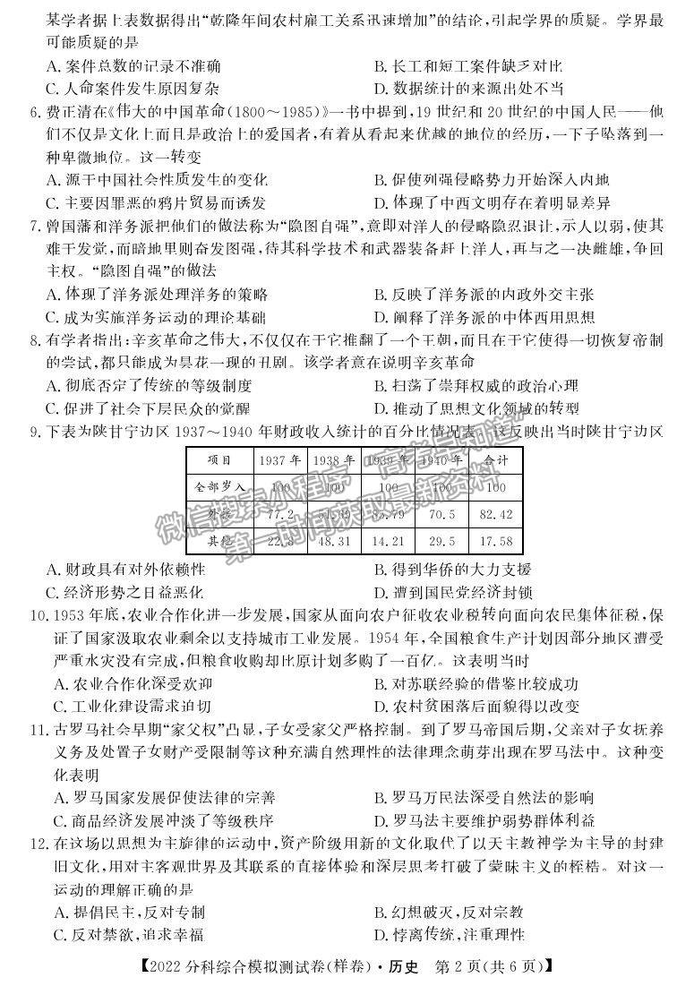 2022全國(guó)高考分科綜合模擬測(cè)試歷史試卷及答案