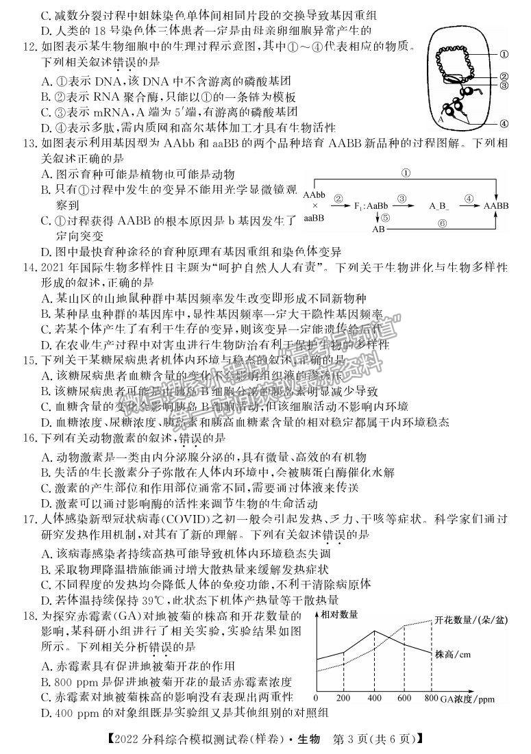 2022全國(guó)高考分科綜合模擬測(cè)試生物試卷及答案