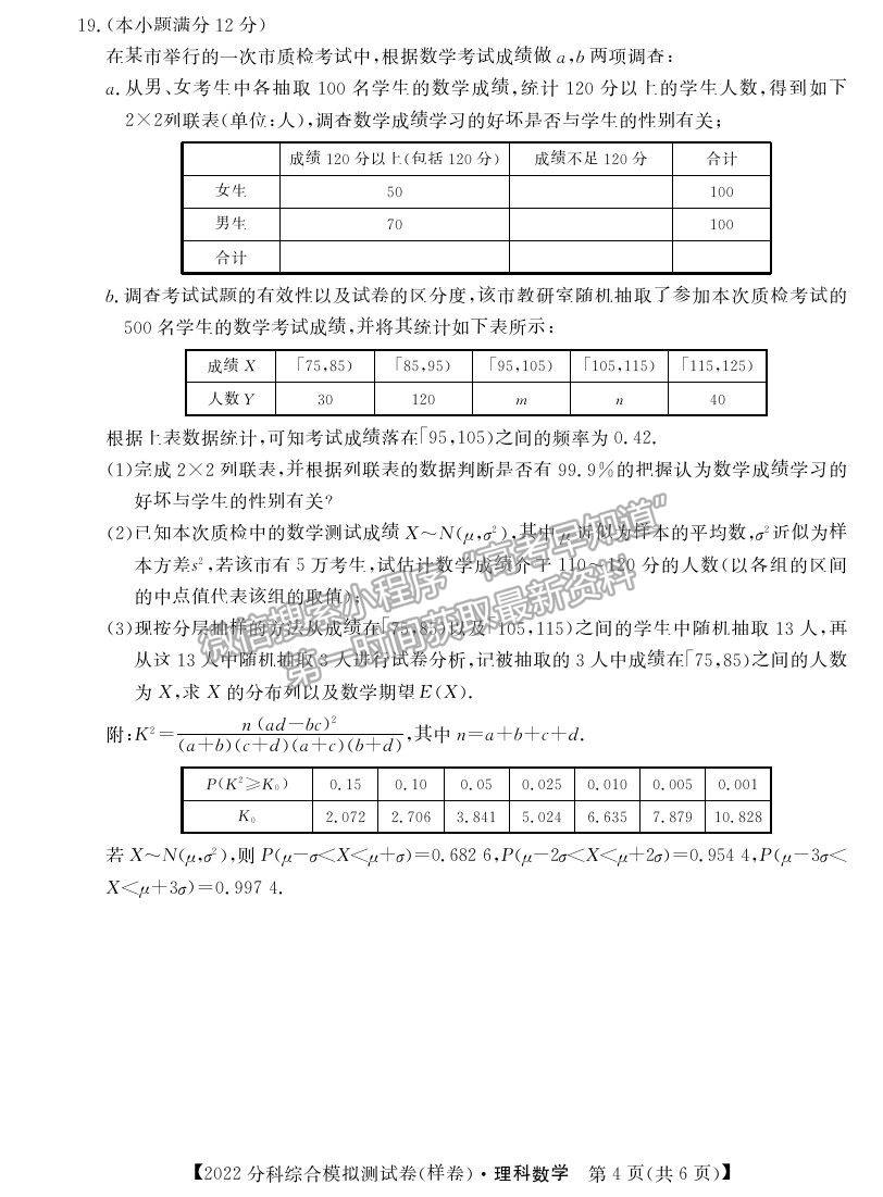 2022全國高考分科綜合模擬測試理數(shù)試卷及答案