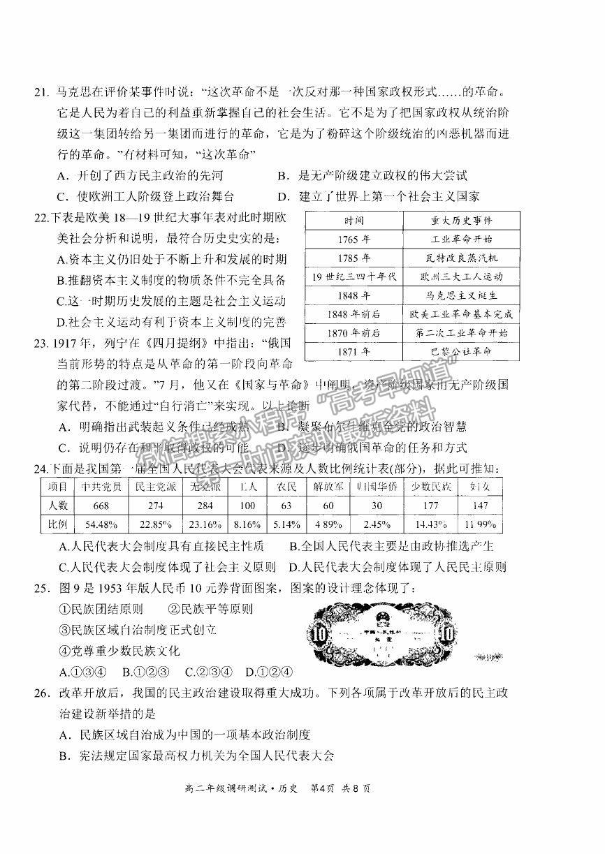 2021山西省朔州市懷仁市高二下學(xué)期期末考試歷史試卷及答案