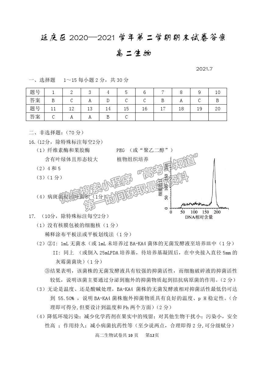 2021北京市延慶區(qū)高二下學期期末考試生物試題及參考答案