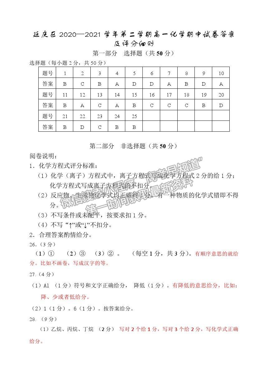 2021北京市延慶區(qū)高一下學期期中考試化學試題及參考答案