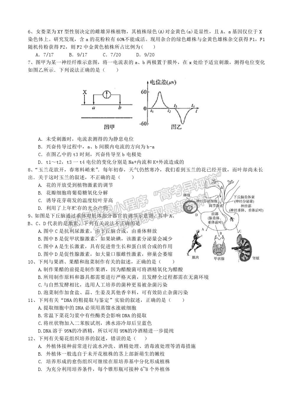 2022江蘇省宿遷市沐陽如東中學(xué)高三上學(xué)期第一次調(diào)研（線上8月）生物試卷及答案