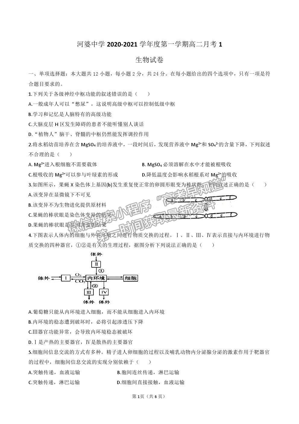 2021廣東省揭陽市揭西縣河婆中學(xué)高二上學(xué)期第一次月考生物試卷及答案