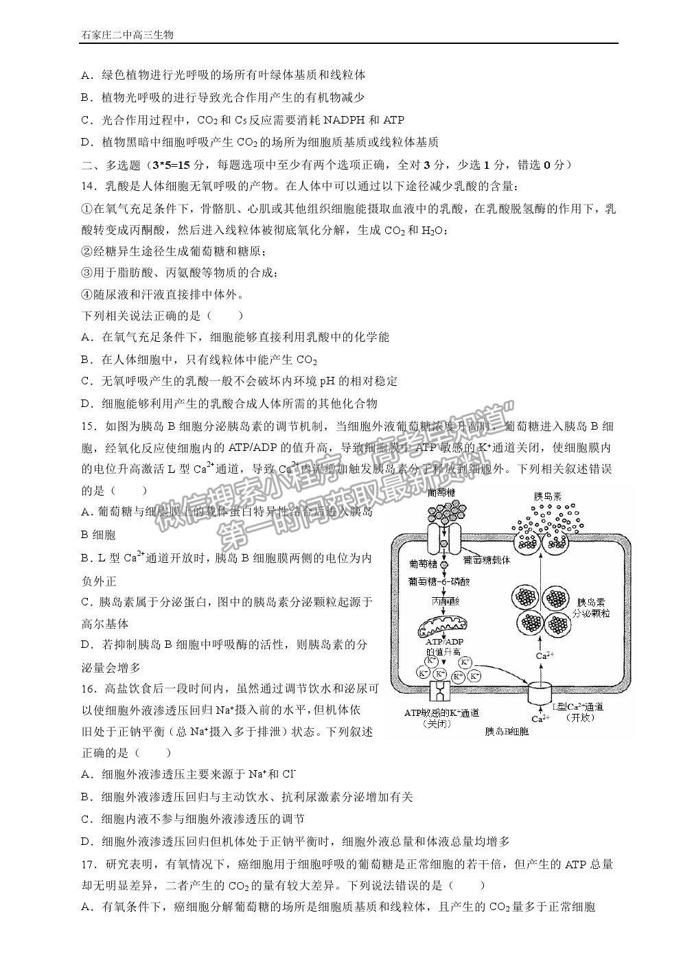 2022石家莊二中高三暑假學(xué)科體驗(yàn)生物試卷及答案