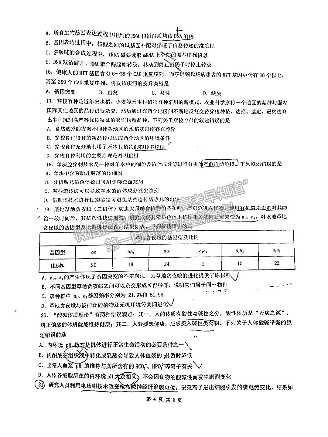 2022安徽六校教育研究會(huì)第一次素質(zhì)測(cè)試生物試題及答案