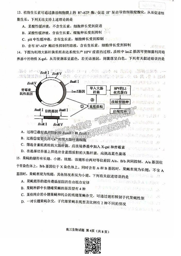 2022泉州市高三質(zhì)檢（一）生物試題及答案