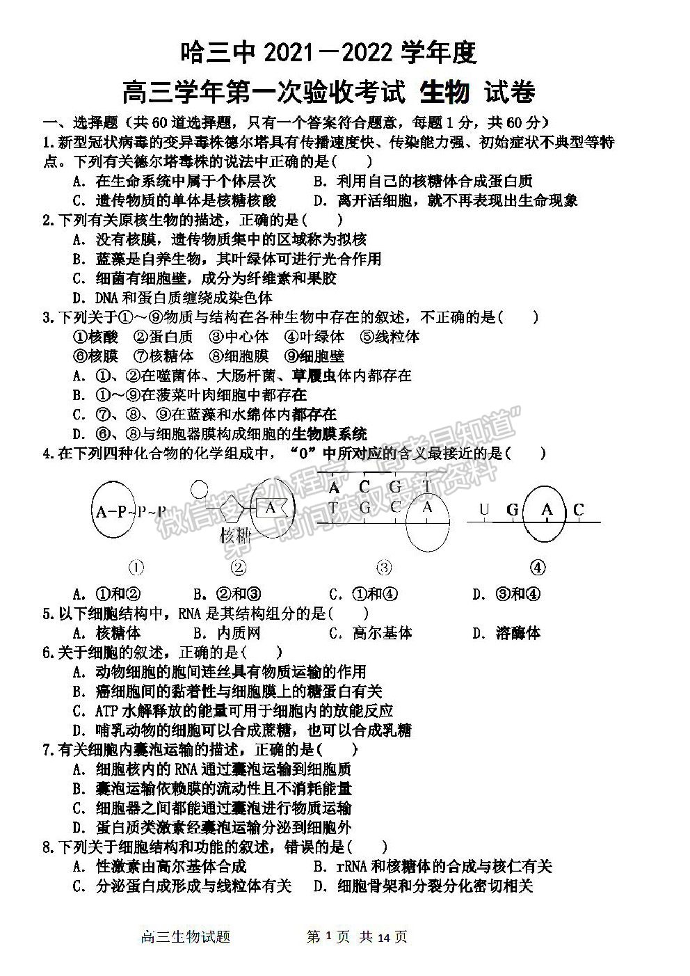 2022哈爾濱三中高三第一次驗(yàn)收考試生物試卷及答案