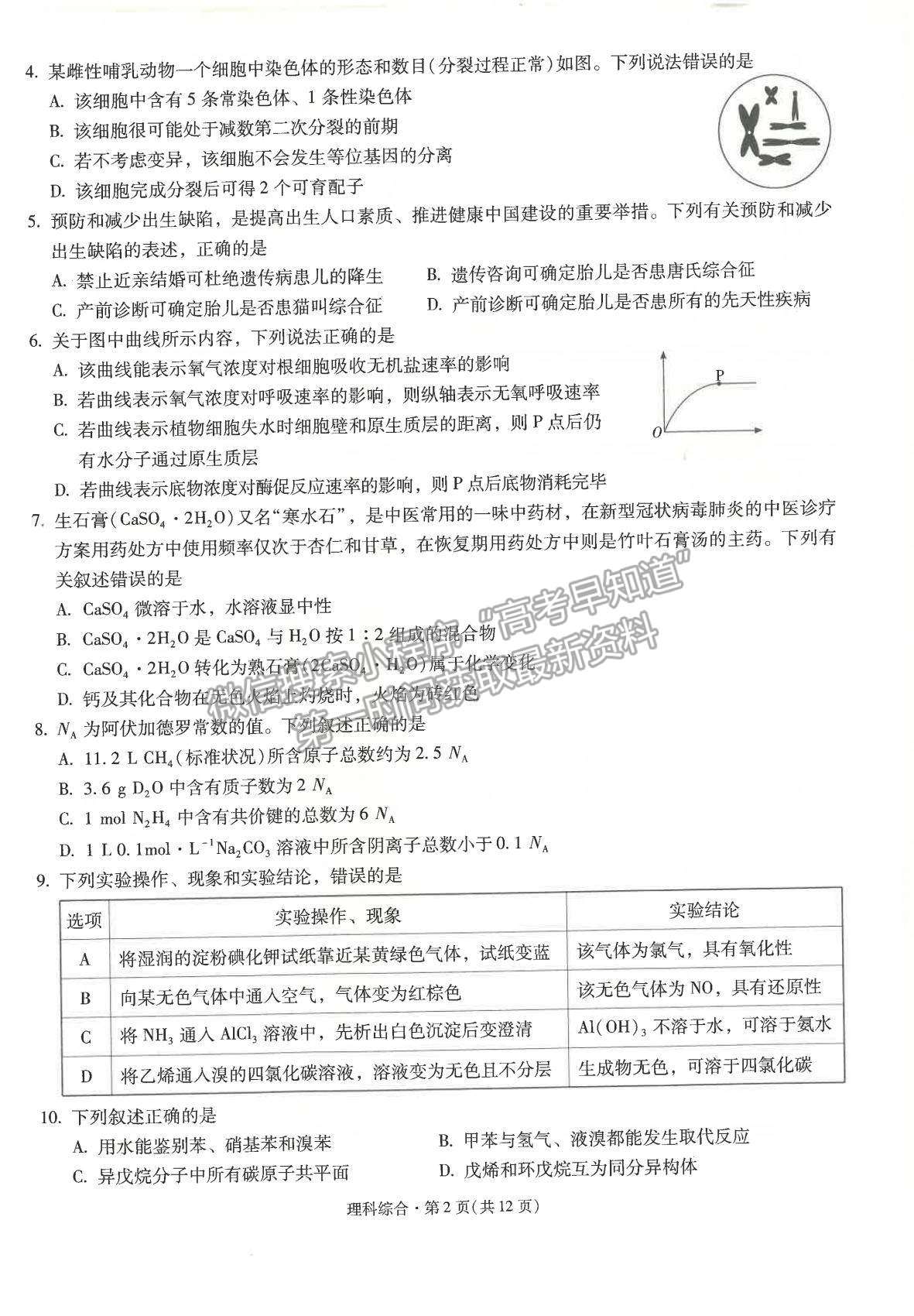 2022昆明一中高中新課標(biāo)高三第一次摸底測試?yán)砭C試卷及答案