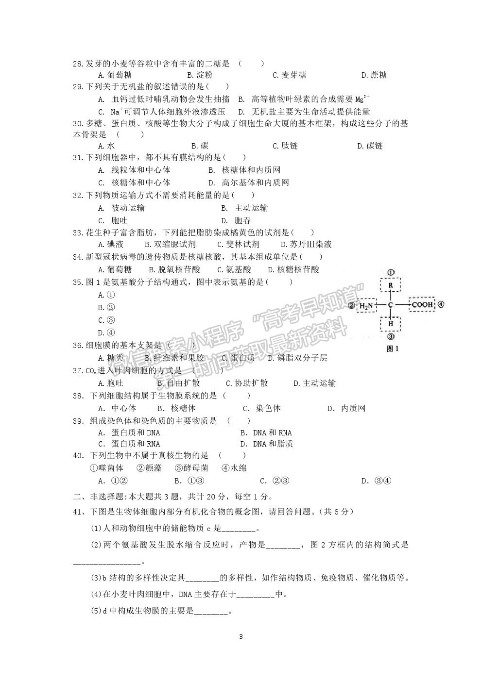 2021鹽城市實驗高級中學（新洋高級中學）高一上學期期中考試生物試題及答案