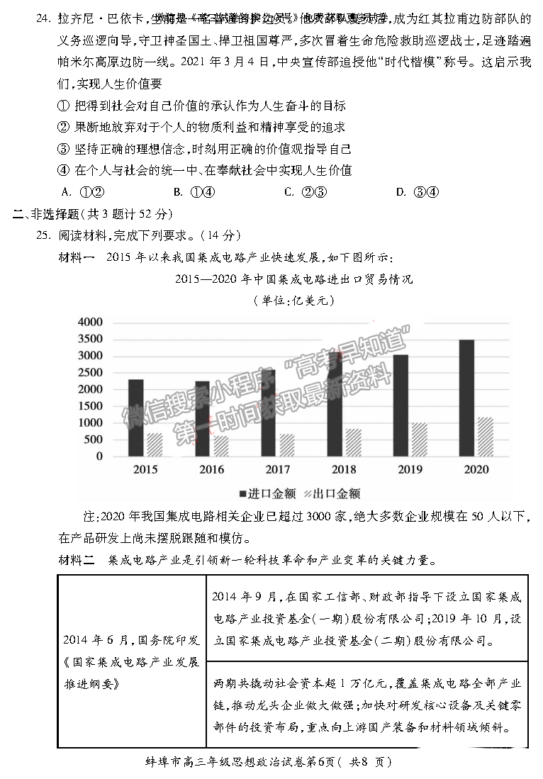 2022蚌埠高三第一次質(zhì)量檢測政治試卷及答案