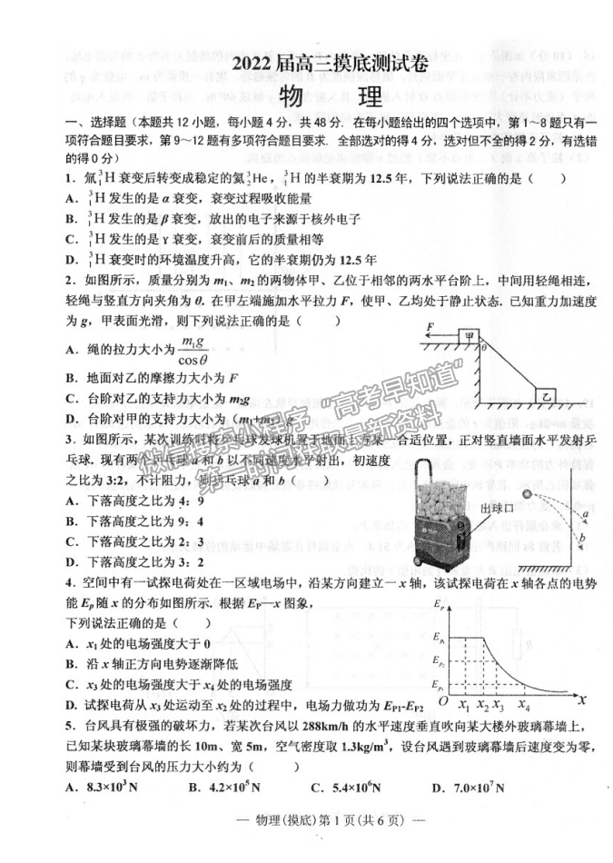 2022屆南昌高三零模物理試題及答案