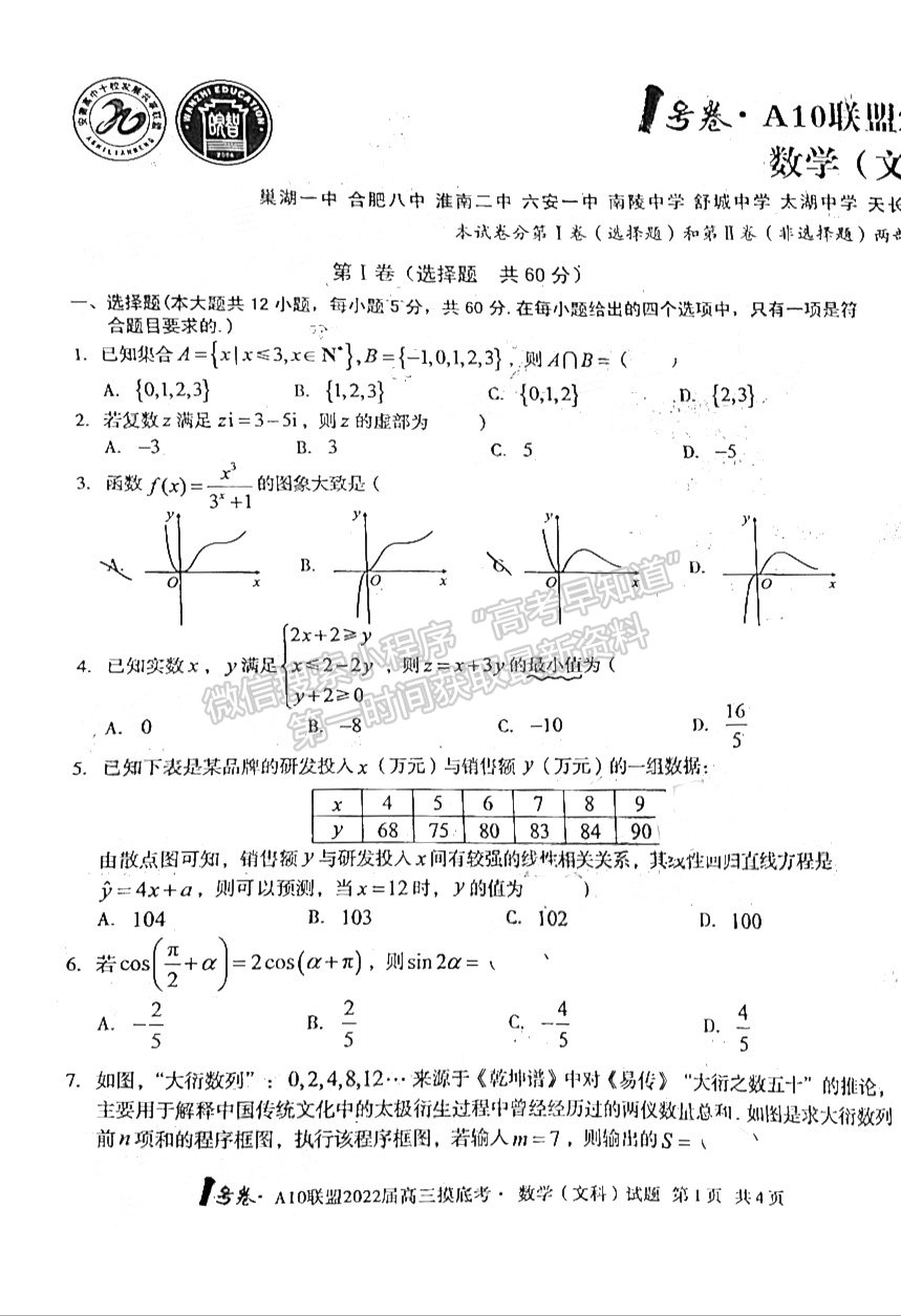 安徽A10聯(lián)盟2022屆高三摸底考文科數(shù)學(xué)試卷及答案