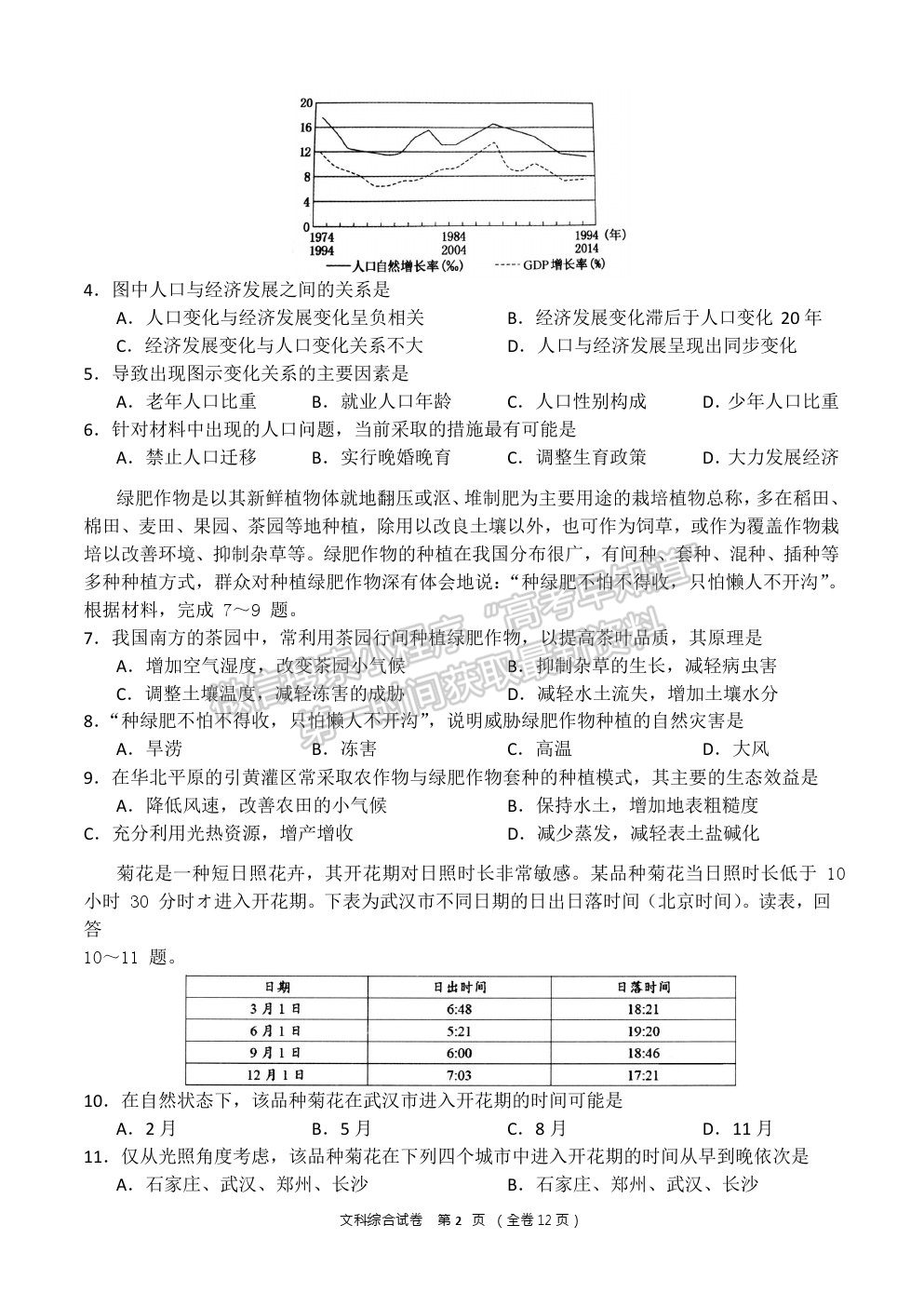 2021貴陽市清華中學高三上學期12月月考文綜試題及答案