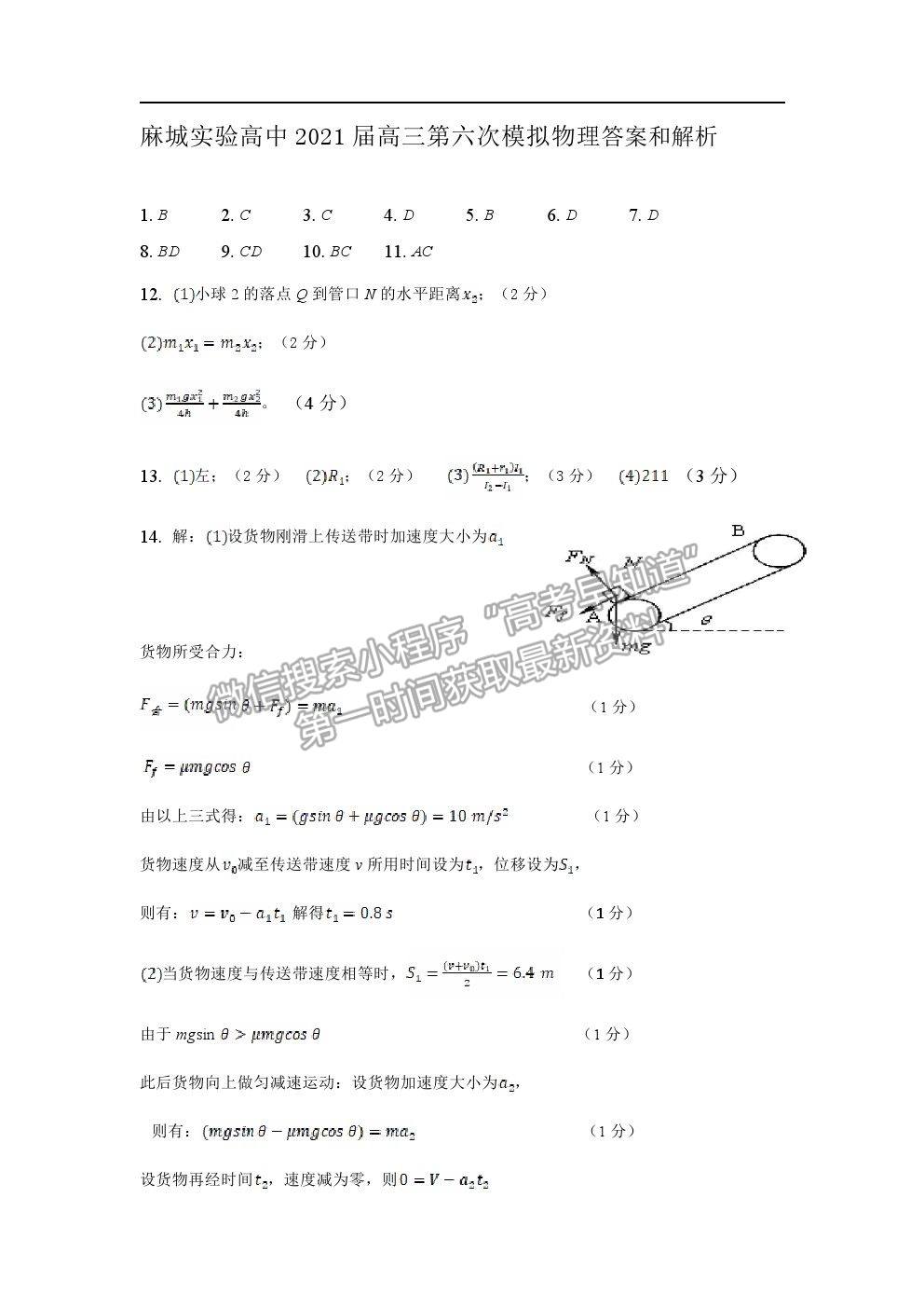 2021湖北省麻城市實驗高級中學高三第六次模擬考試物理試題及答案