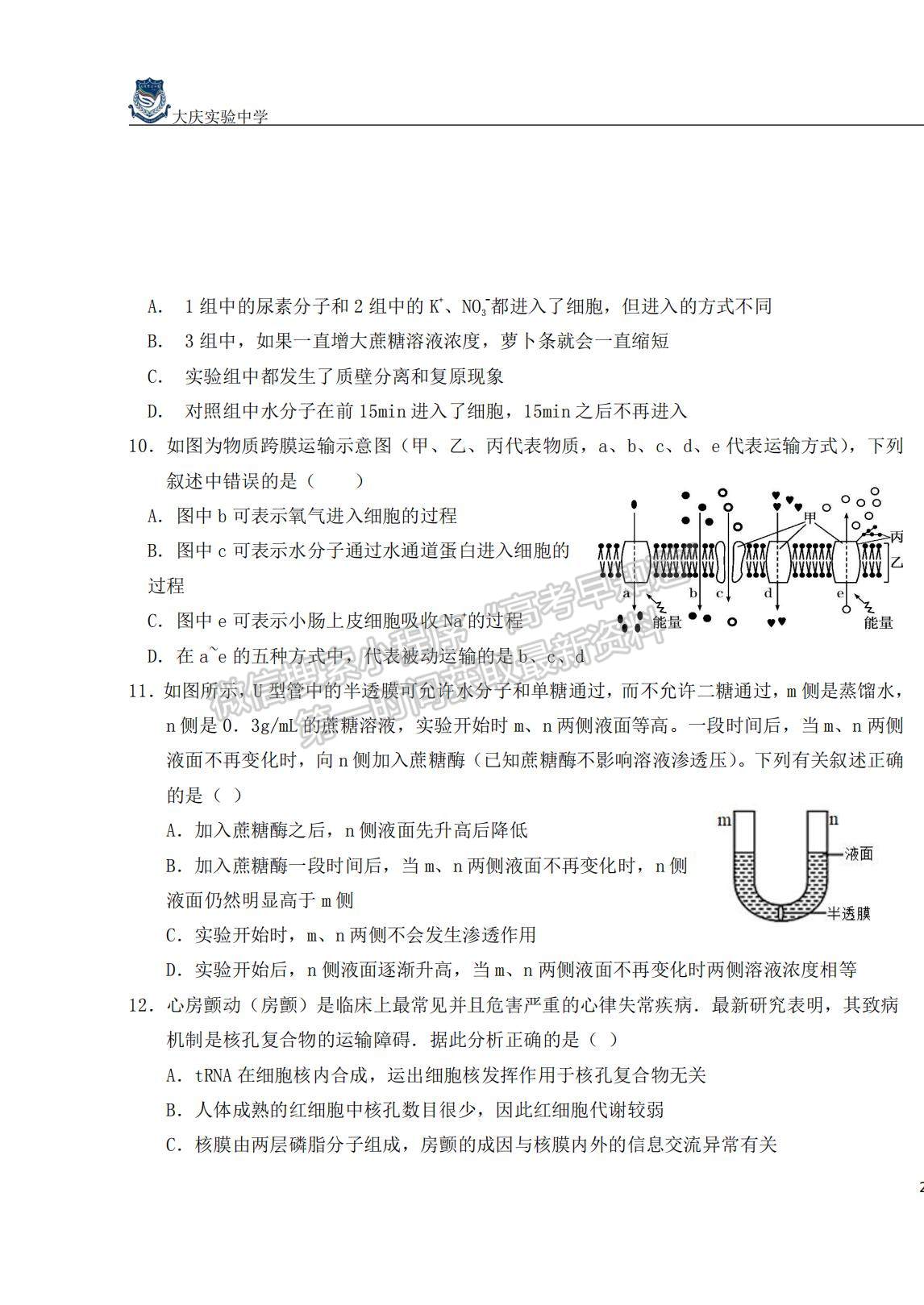 2022大慶實驗中學高三上學期開學考試生物試題及答案