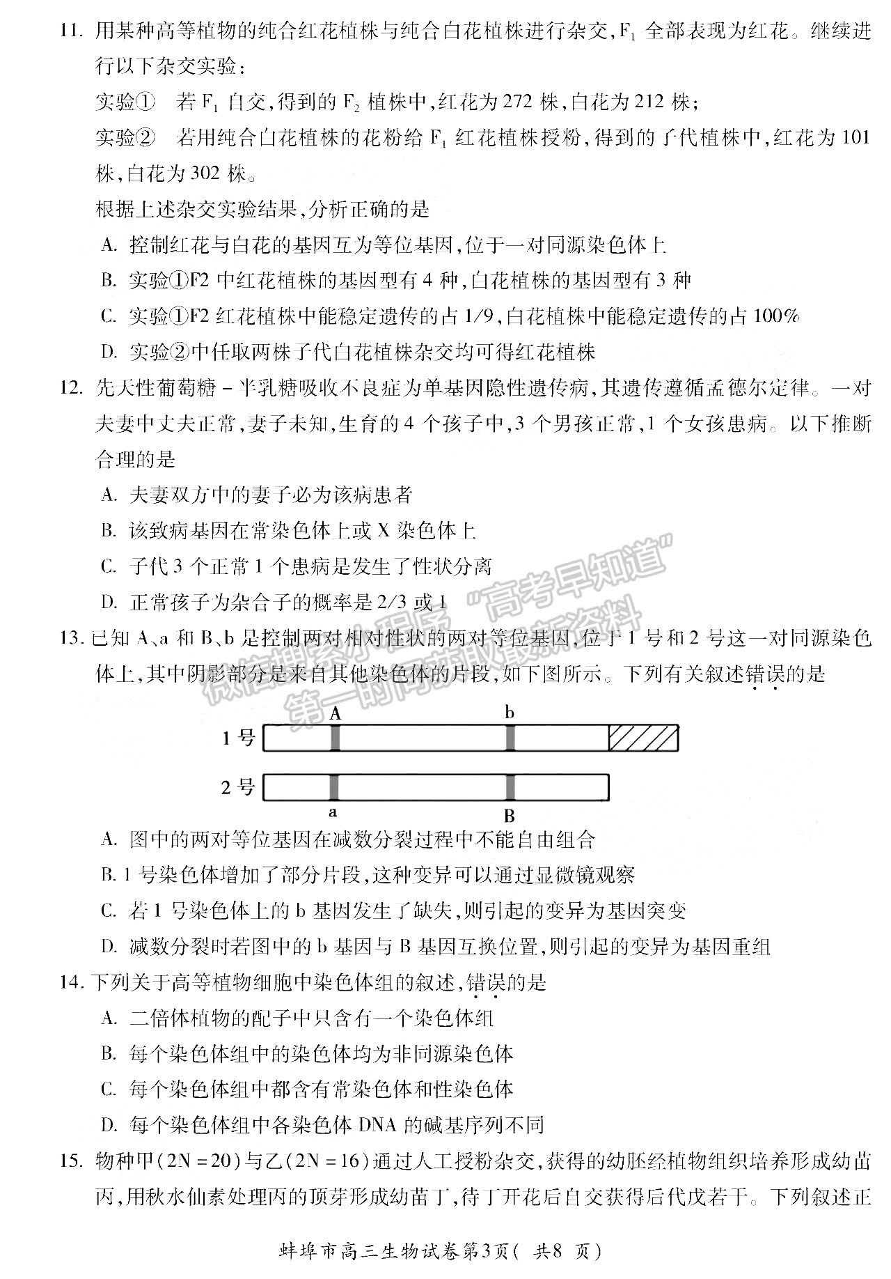 2022蚌埠高三第一次質(zhì)量檢測生物試卷及答案