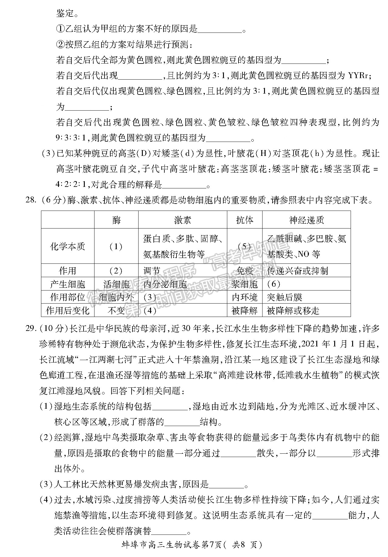 2022蚌埠高三第一次質量檢測生物試卷及答案