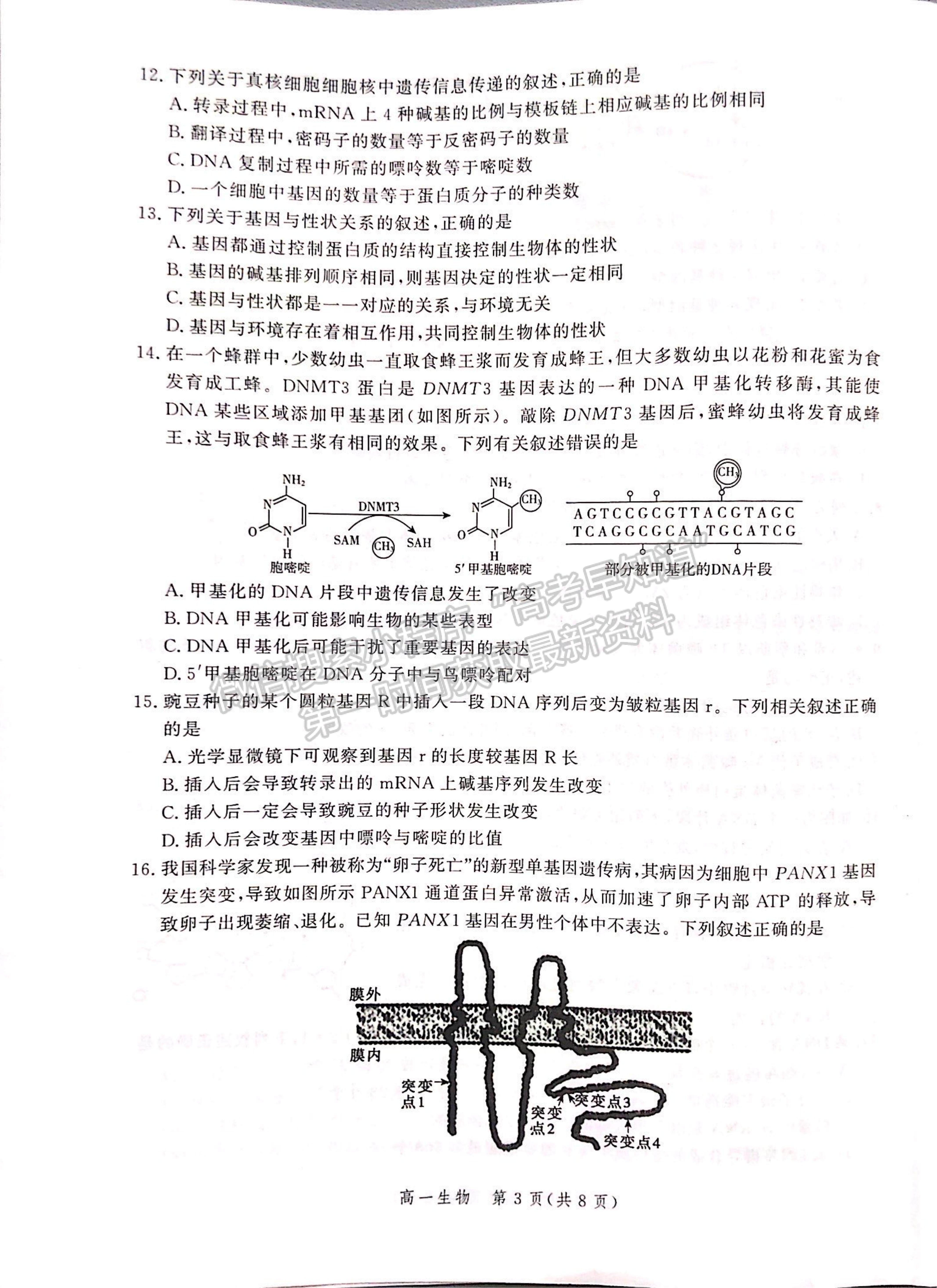 2021河北省張家口市高一下學(xué)期期末考試生物試題及參考答案