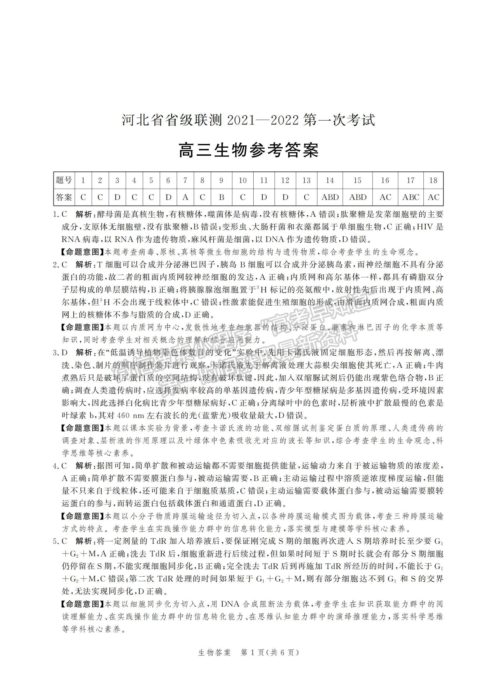 2022河北省省級聯(lián)測高三上學期第一次聯(lián)考生物試題及參考答案