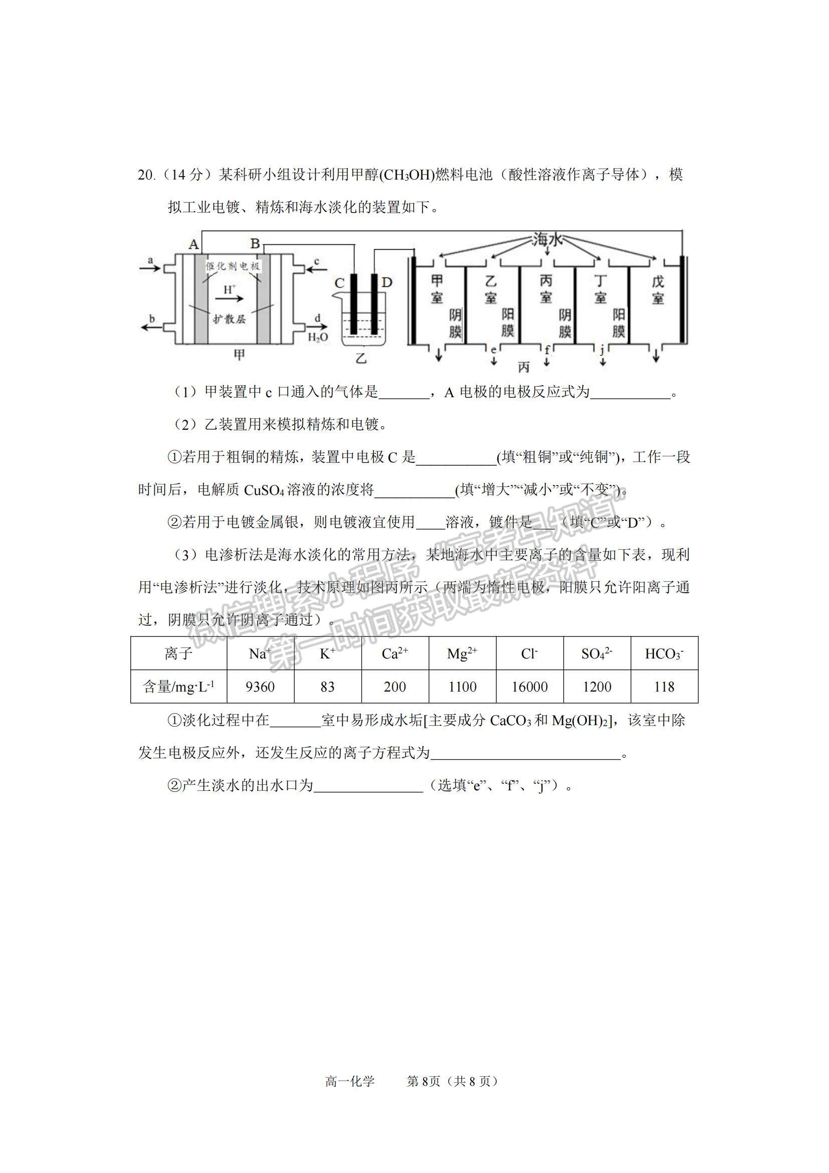 2021山東省煙臺市高一下學(xué)期期末考試化學(xué)試題及參考答案