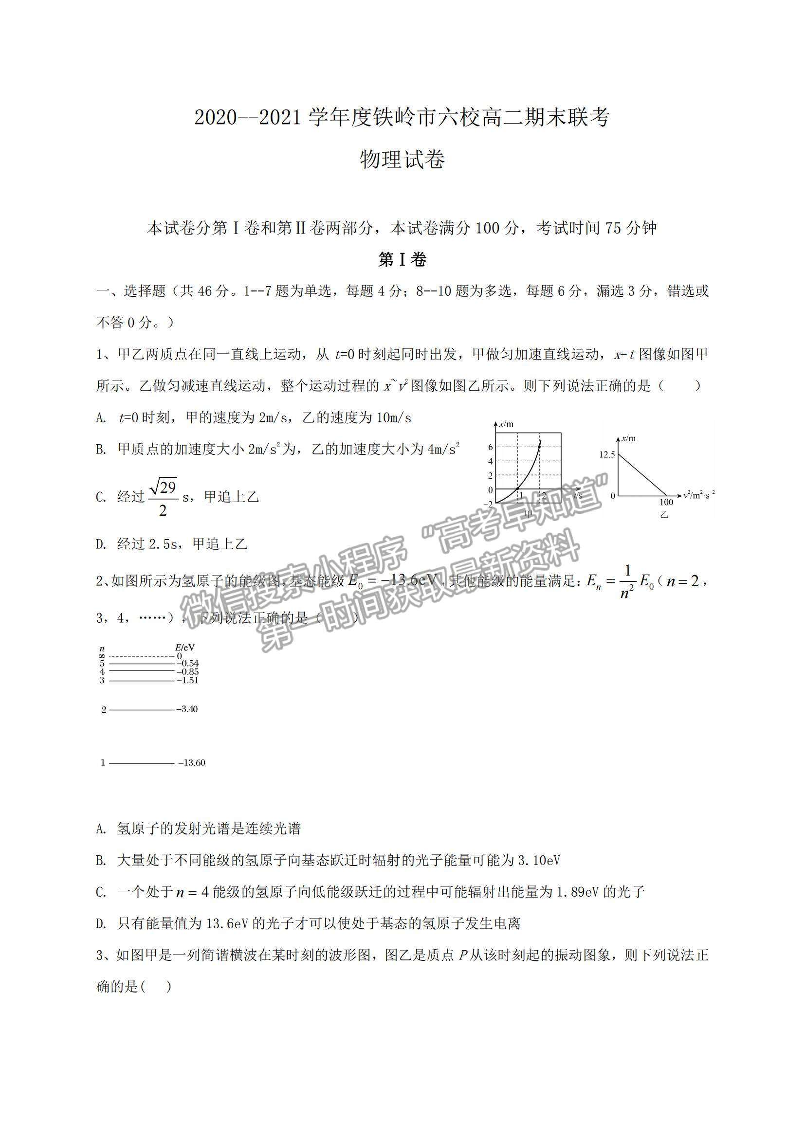 2021遼寧省鐵嶺市六校高二下學期期末聯(lián)考物理試題及參考答案