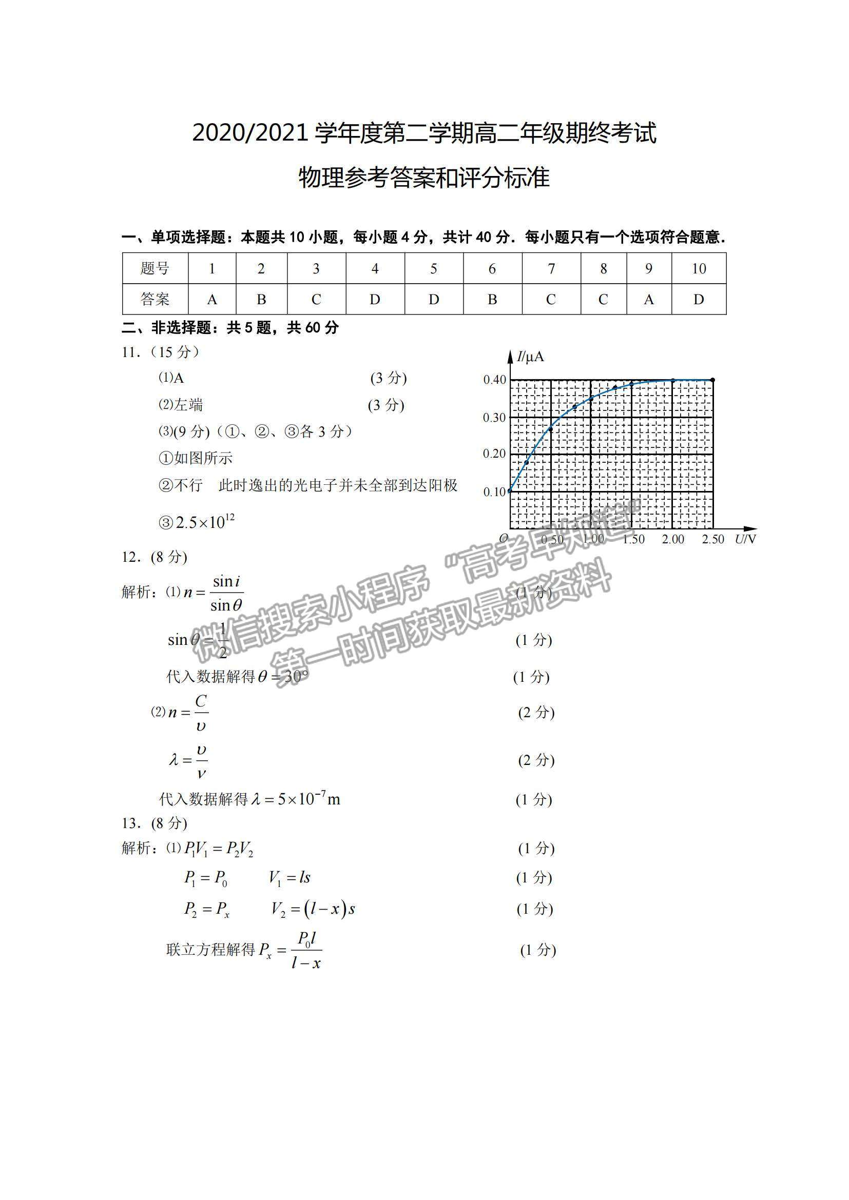 2021江蘇省鹽城市高二下學期期終考試物理試題及參考答案