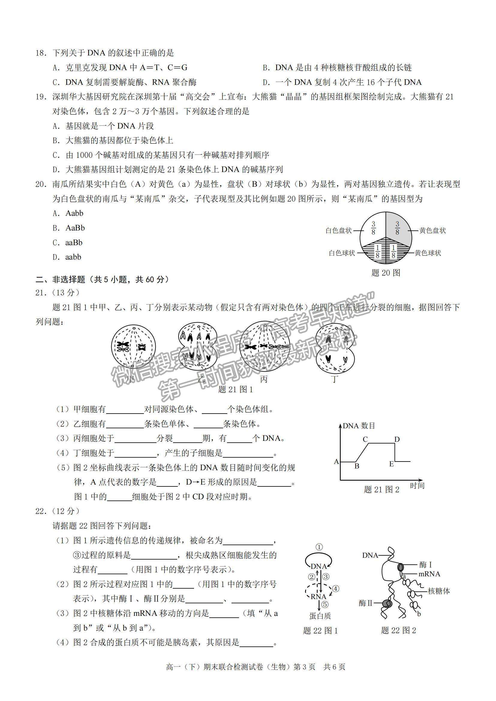 2021重慶市高一下學(xué)期期末聯(lián)合檢測(cè)生物試題及參考答案