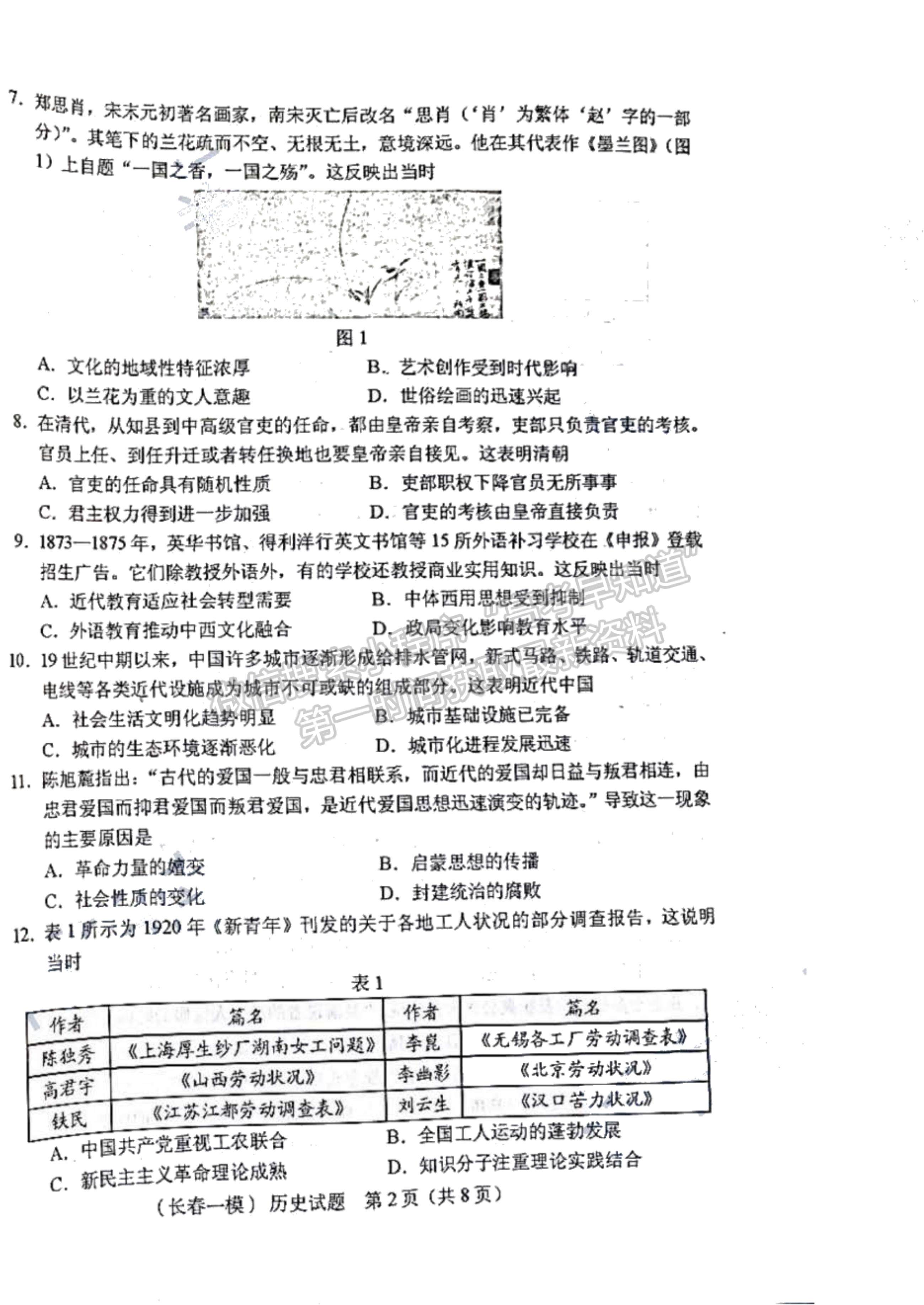 2022吉林省長春市高三質(zhì)量監(jiān)測(cè)（一）歷史試題及參考答案