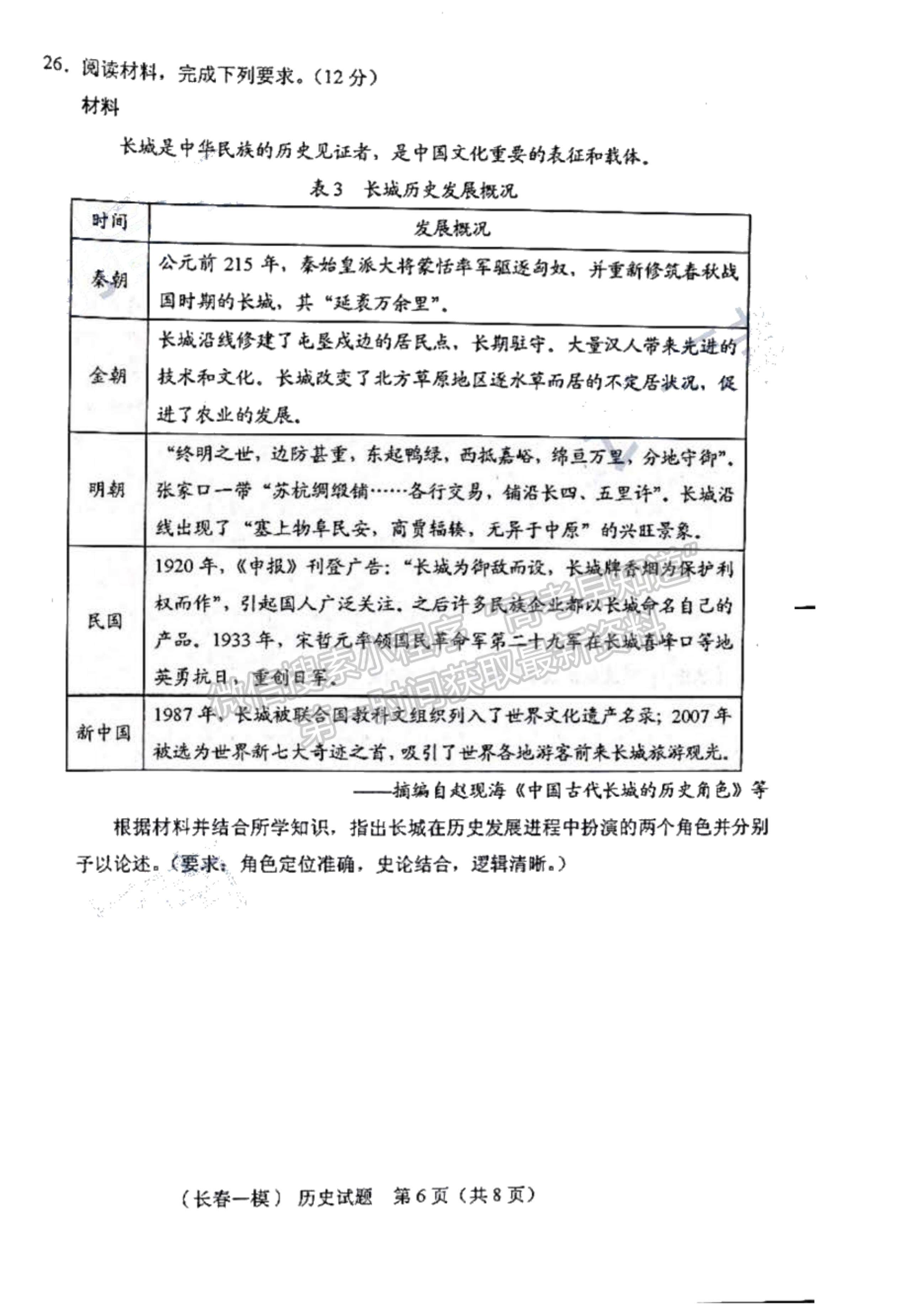 2022吉林省長(zhǎng)春市高三質(zhì)量監(jiān)測(cè)（一）歷史試題及參考答案