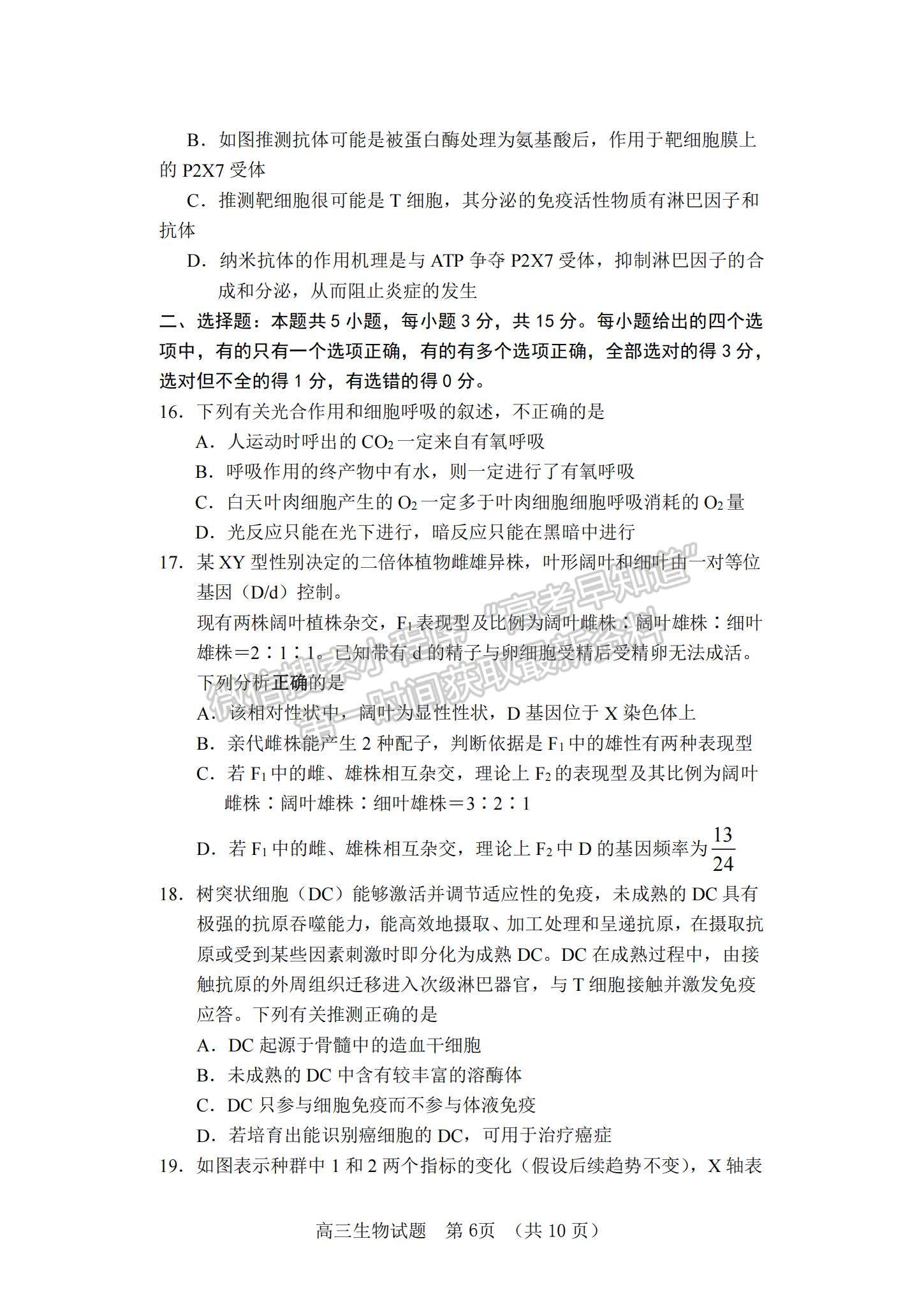 2022山東省泰安肥城市高三上學(xué)期第一次摸底考試生物試題及參考答案