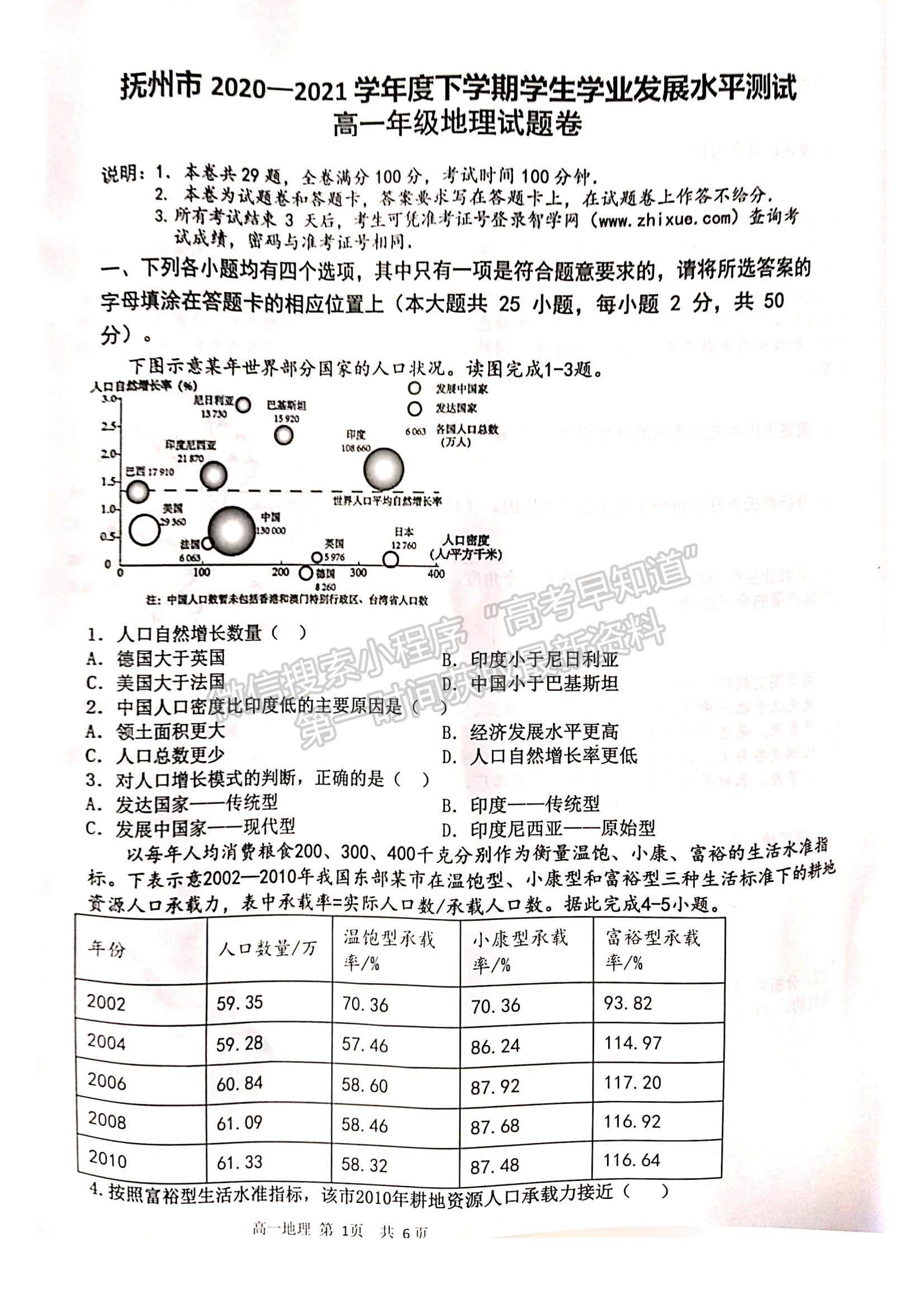 2021江西省撫州市高一下學(xué)期期末考試地理試題及參考答案