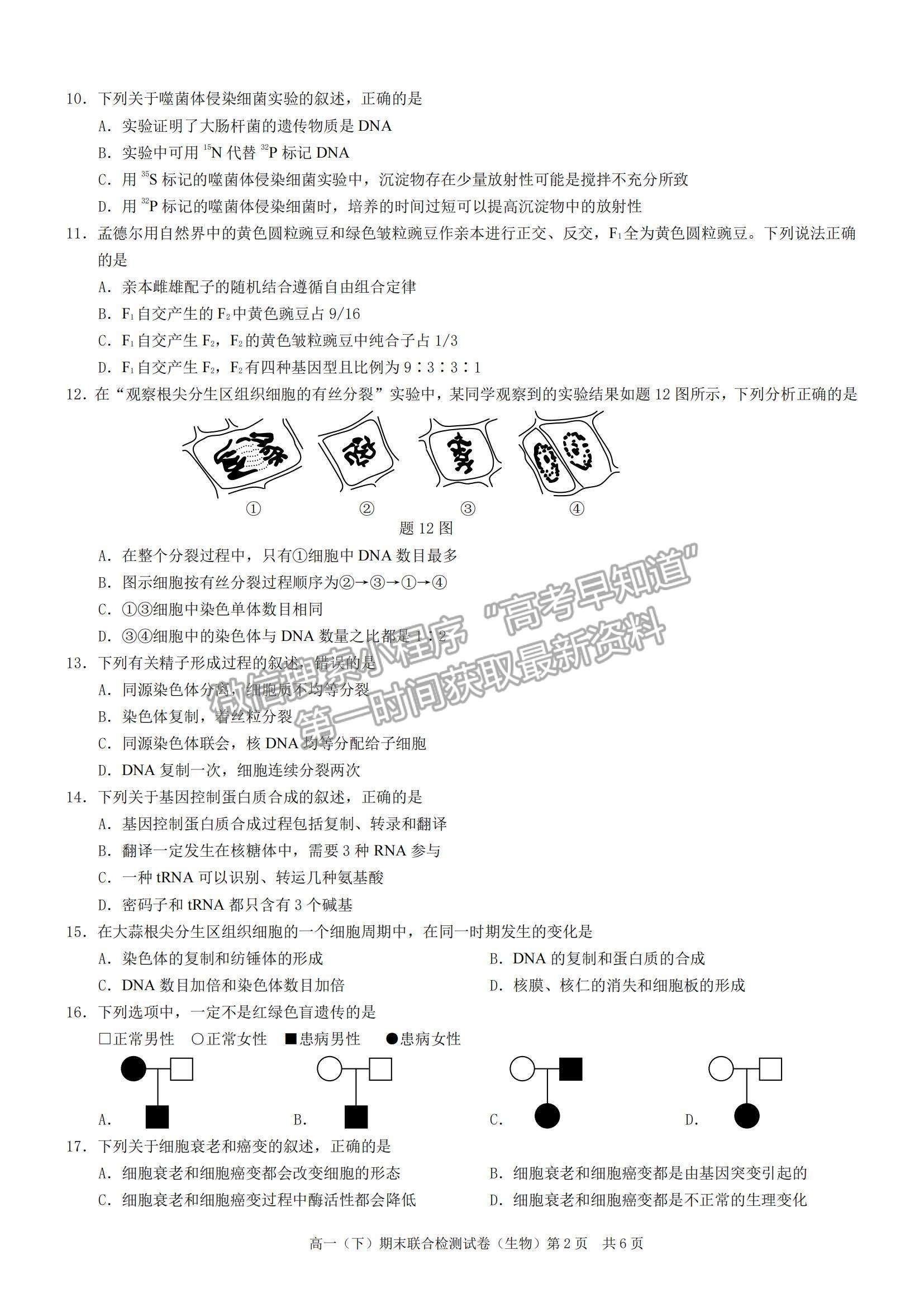 2021重慶市高一下學期期末聯(lián)合檢測生物試題及參考答案