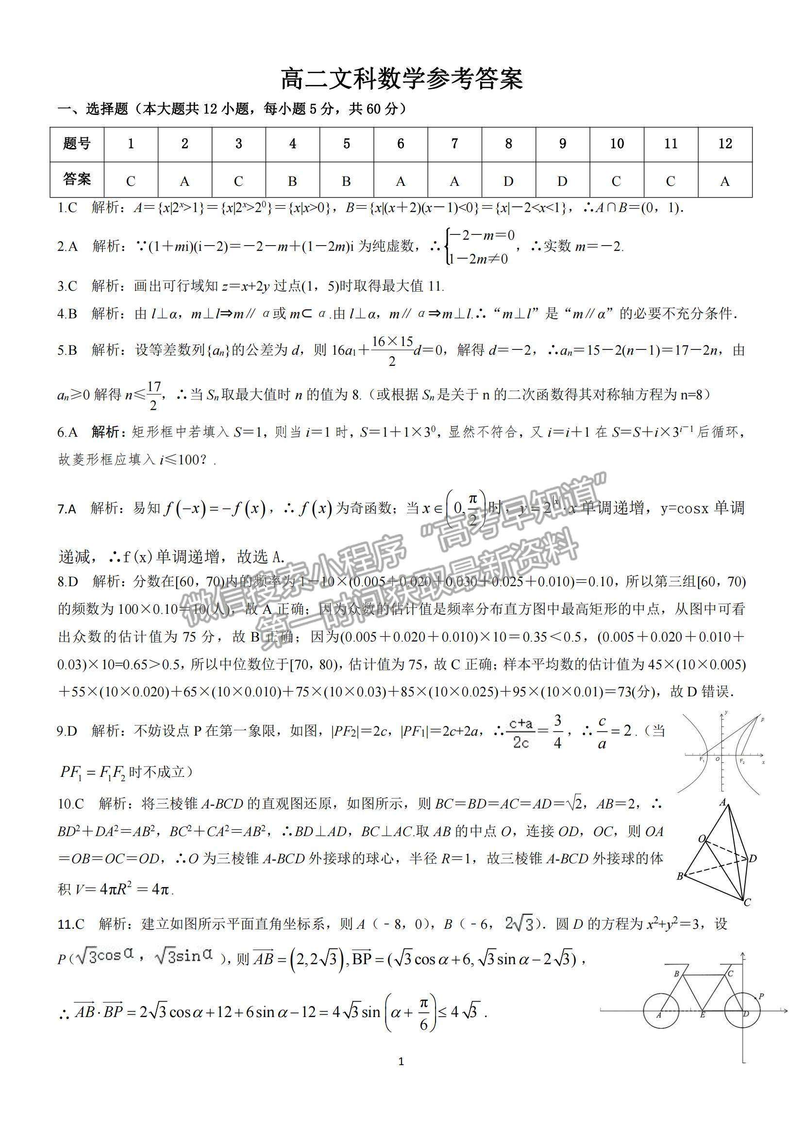 2021陜西省安康市高二下學(xué)期期末質(zhì)量聯(lián)考文數(shù)試題及參考答案