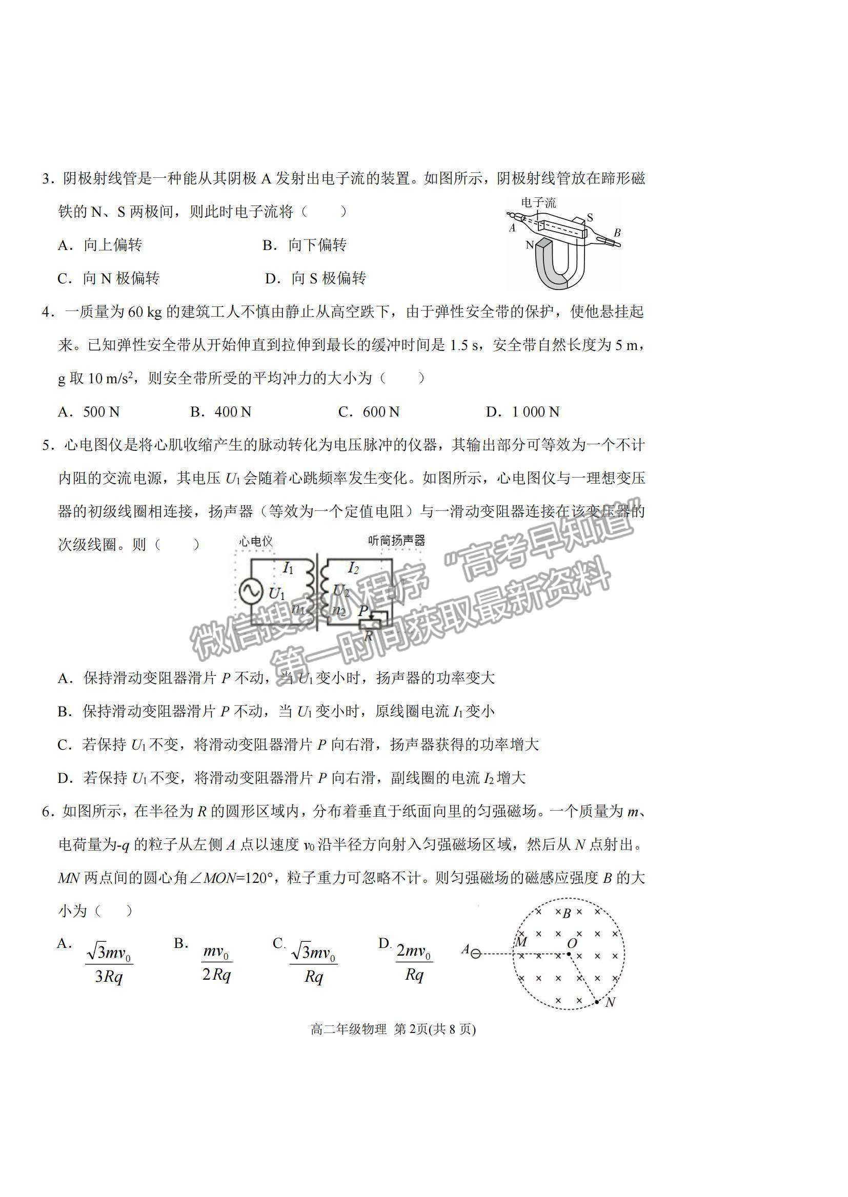 2021天津市濱海新區(qū)高二下學期期末考試物理試題及參考答案