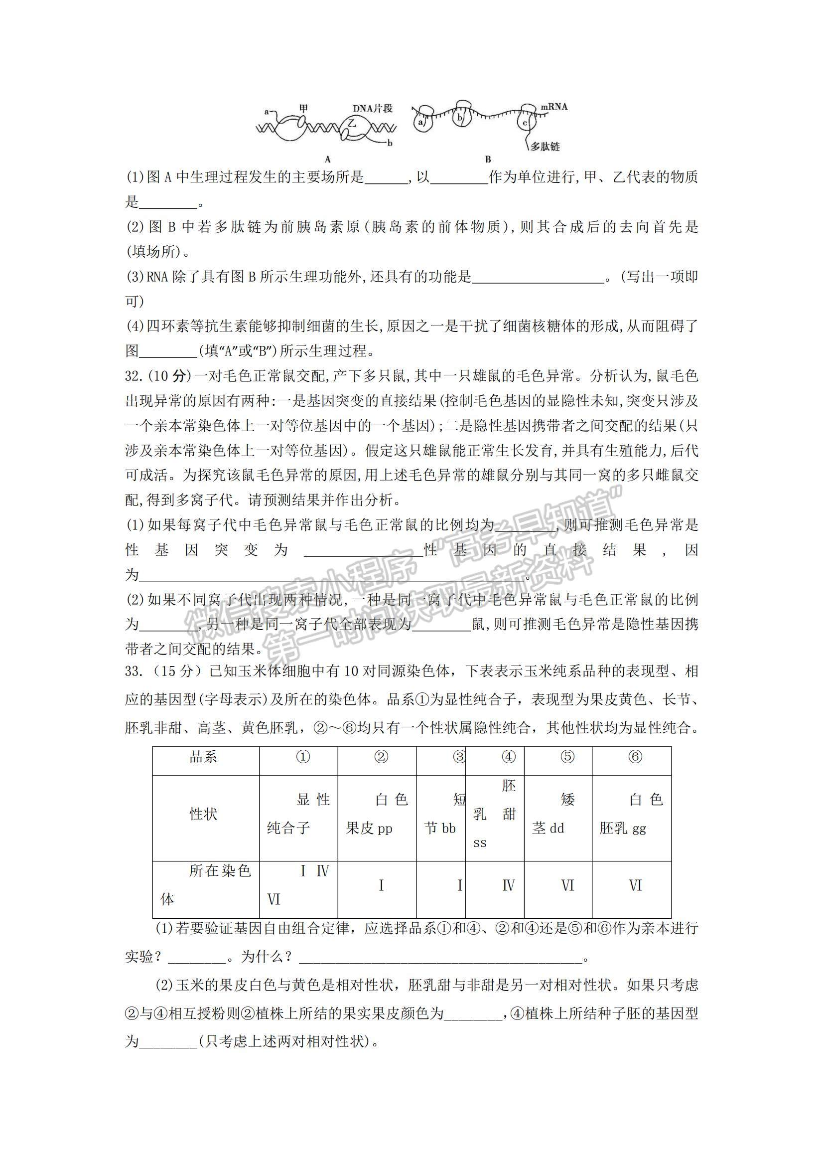 2021四川省仁壽縣四校聯(lián)考高一下學期6月月考生物試題及參考答案