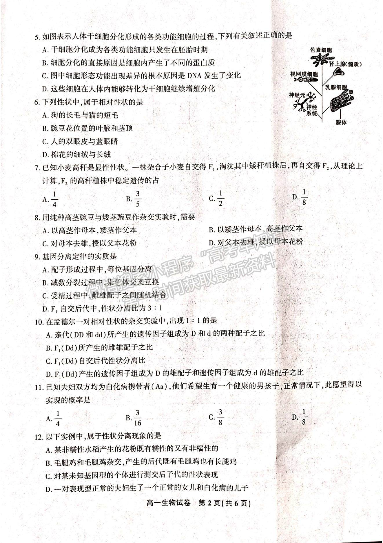 2021江西省九江市六校高一下學(xué)期期末考試生物試題及參考答案