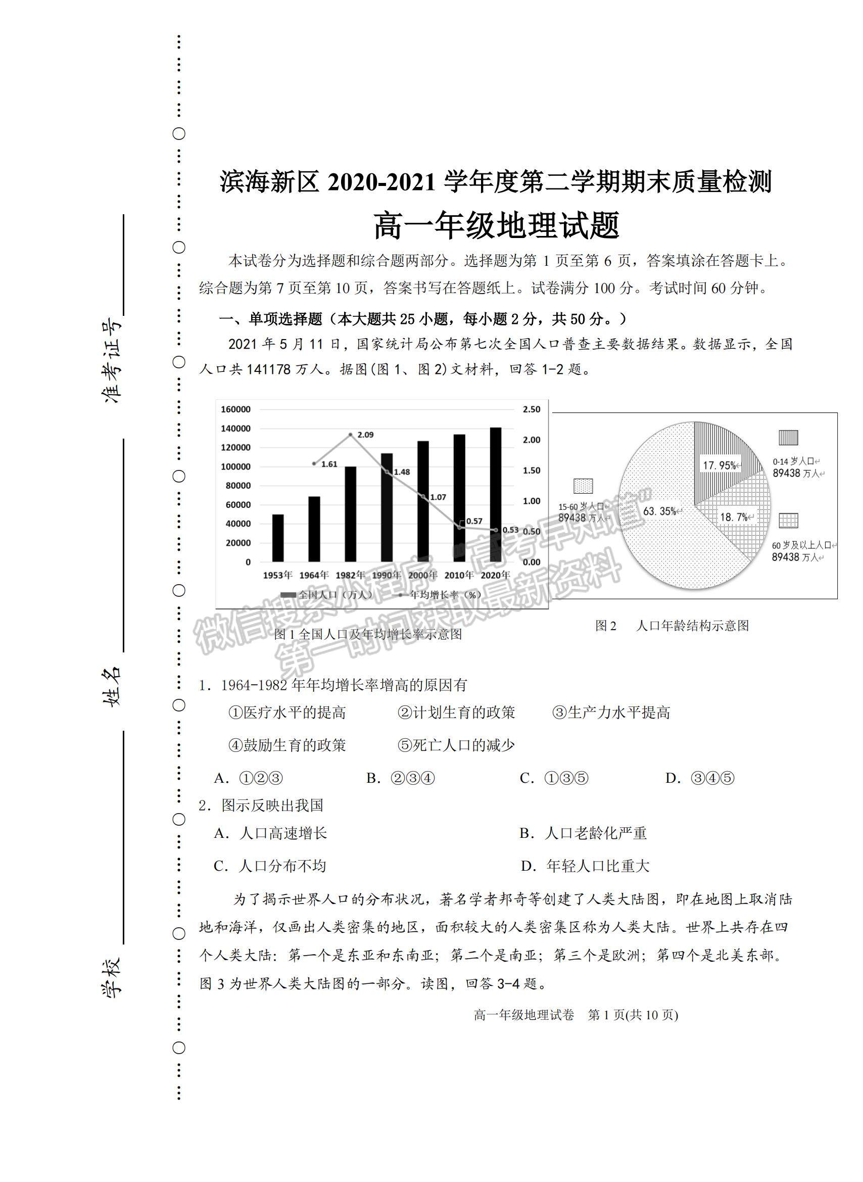 2021天津市濱海新區(qū)高一下學期期末考試歷史試題及參考答案