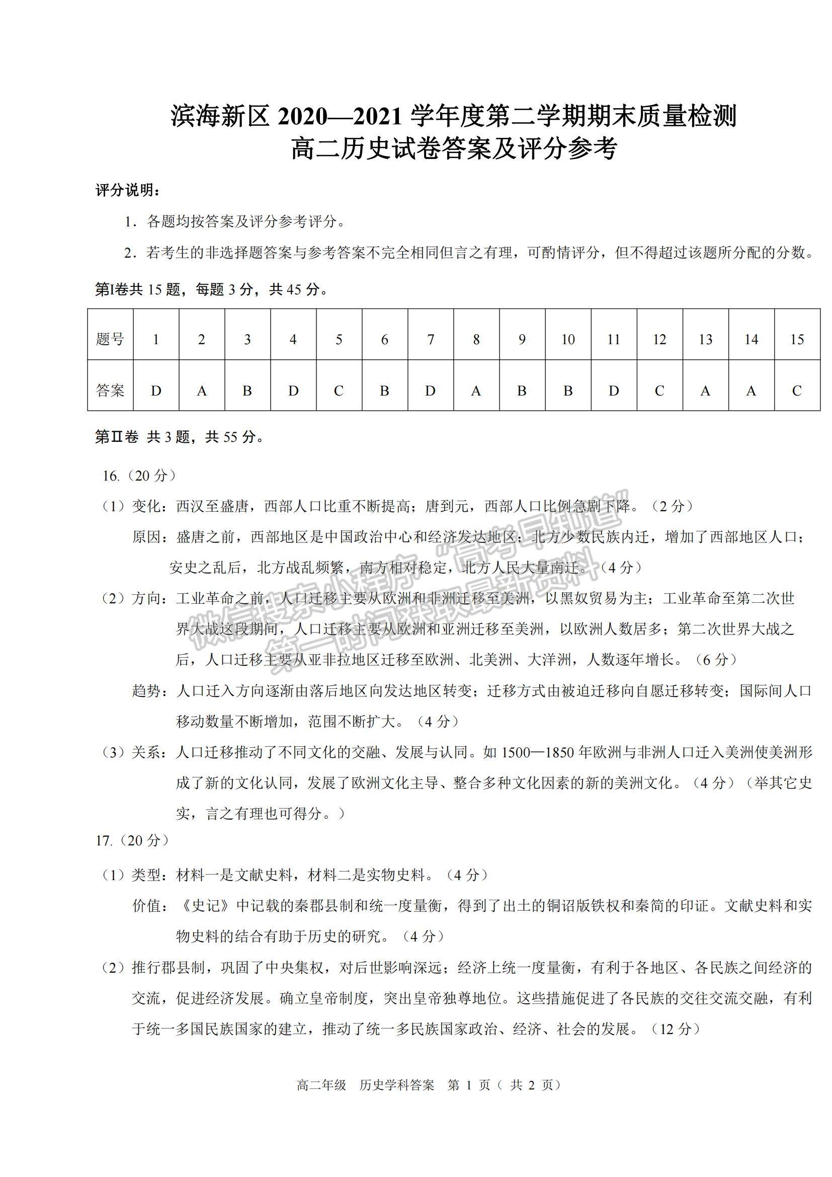 2021天津市濱海新區(qū)高二下學(xué)期期末考試歷史試題及參考答案