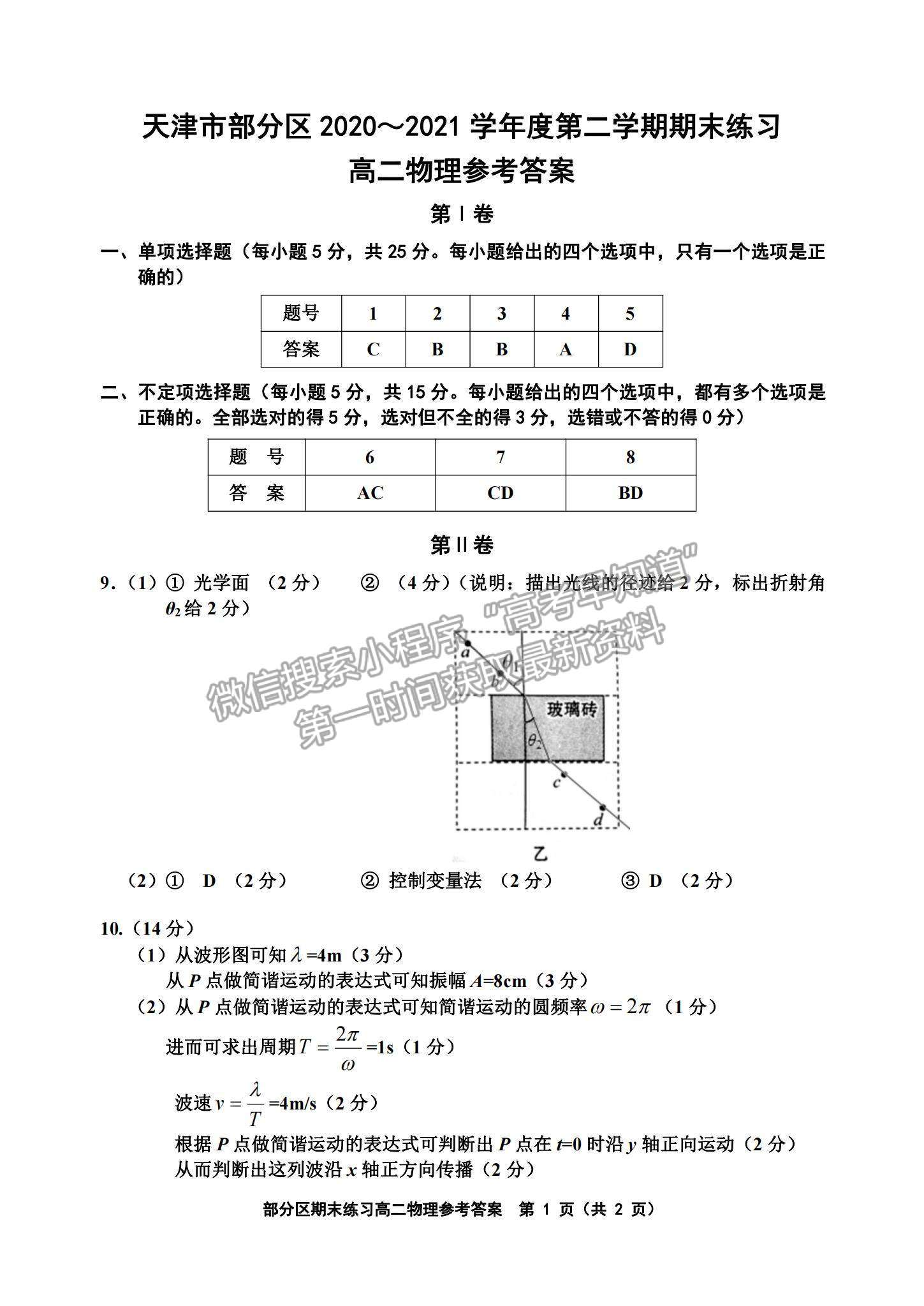 2021天津市部分區(qū)高二下學期期末考試物理試題及參考答案