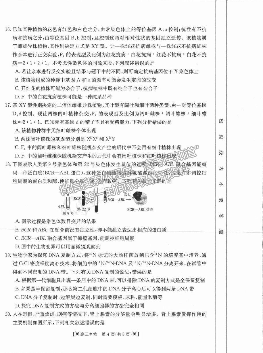 2022河南省高三上學(xué)期調(diào)研考試（三）生物試題及參考答案