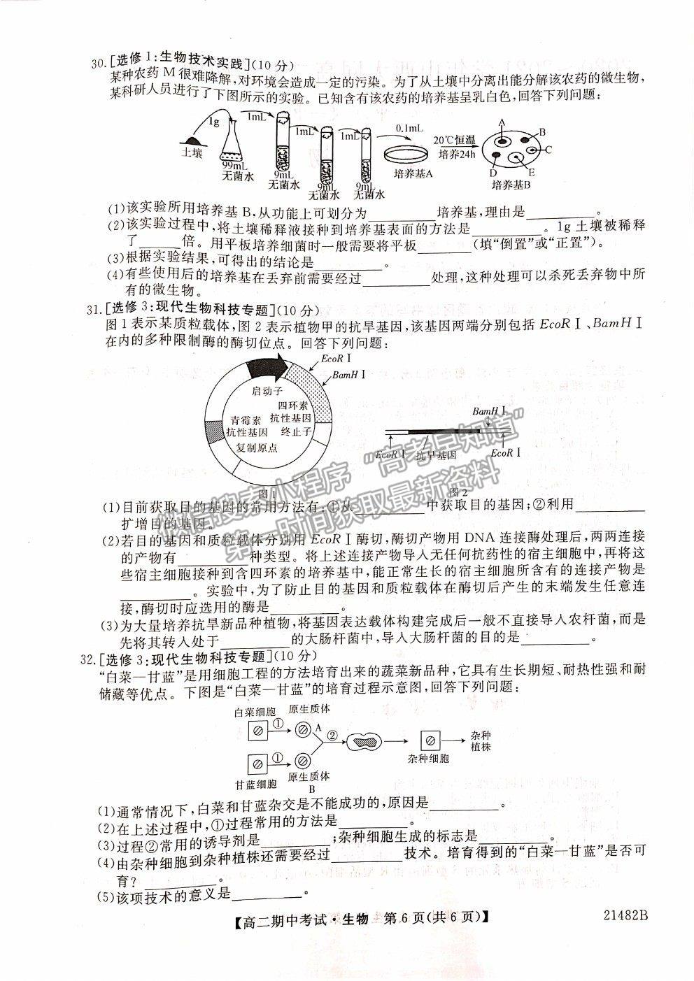 2021山西省大同市靈丘一中、廣靈一中高二下學(xué)期期中聯(lián)考生物試題及參考答案