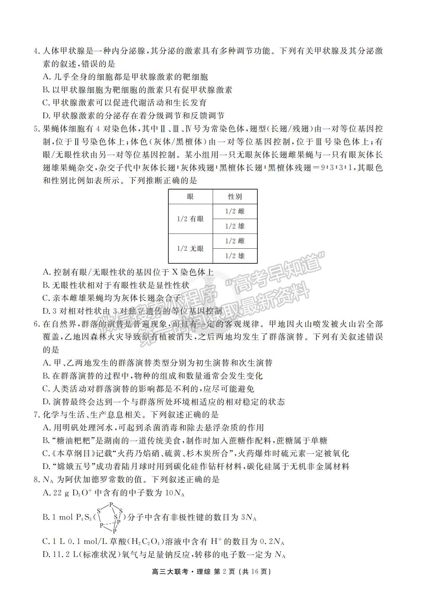 2022衡水金卷·西南四省名校高三第一次大聯(lián)考理綜試題及參考答案