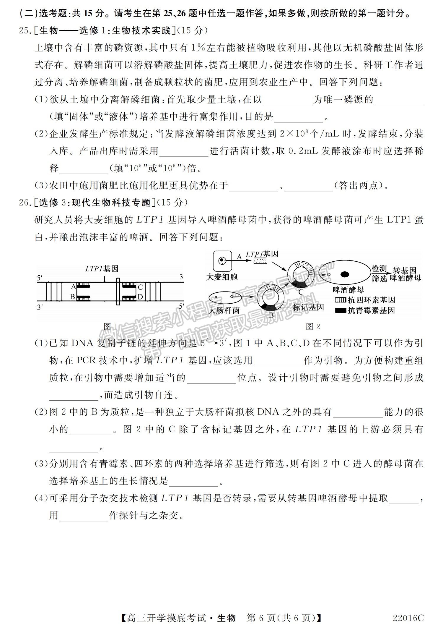 2022青海省大通縣教學(xué)研究室高三開學(xué)摸底考試（角標(biāo)：22016C）生物試卷及答案