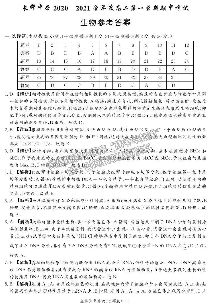 2021湖南省長沙市長郡中學高二上學期期中考試生物試題及參考答案